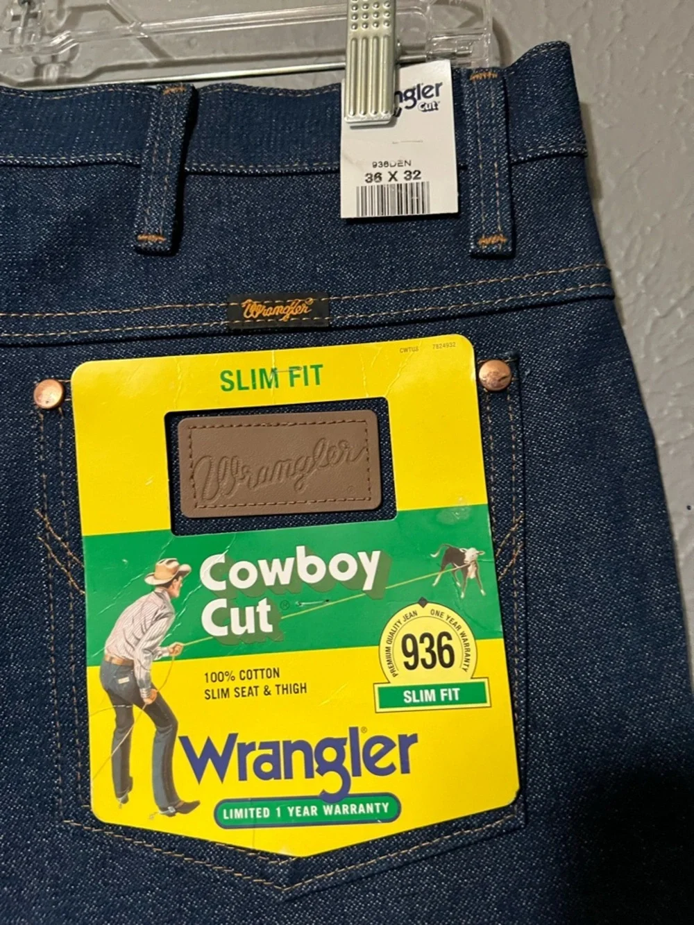 Wrangler Cowboy Cut Slim Fit Jeans Dark Wash 36x32 Western Denim (Small FLAW)